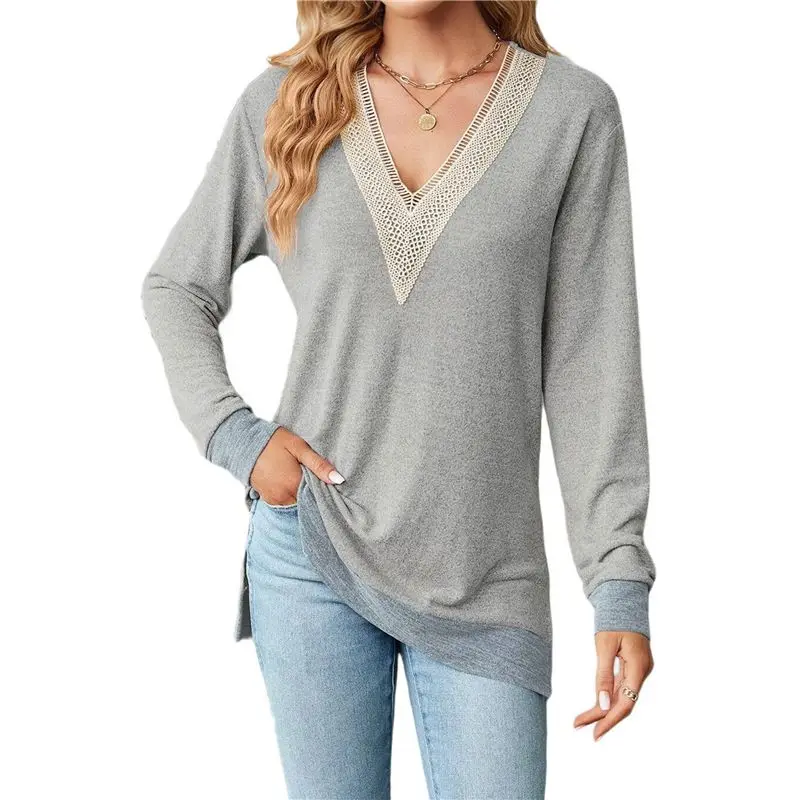 AEF6-Womens Fall Tops V-Neck Lace Long Sleeve Loose Fit Tops Color Block Trim Fashion 2025