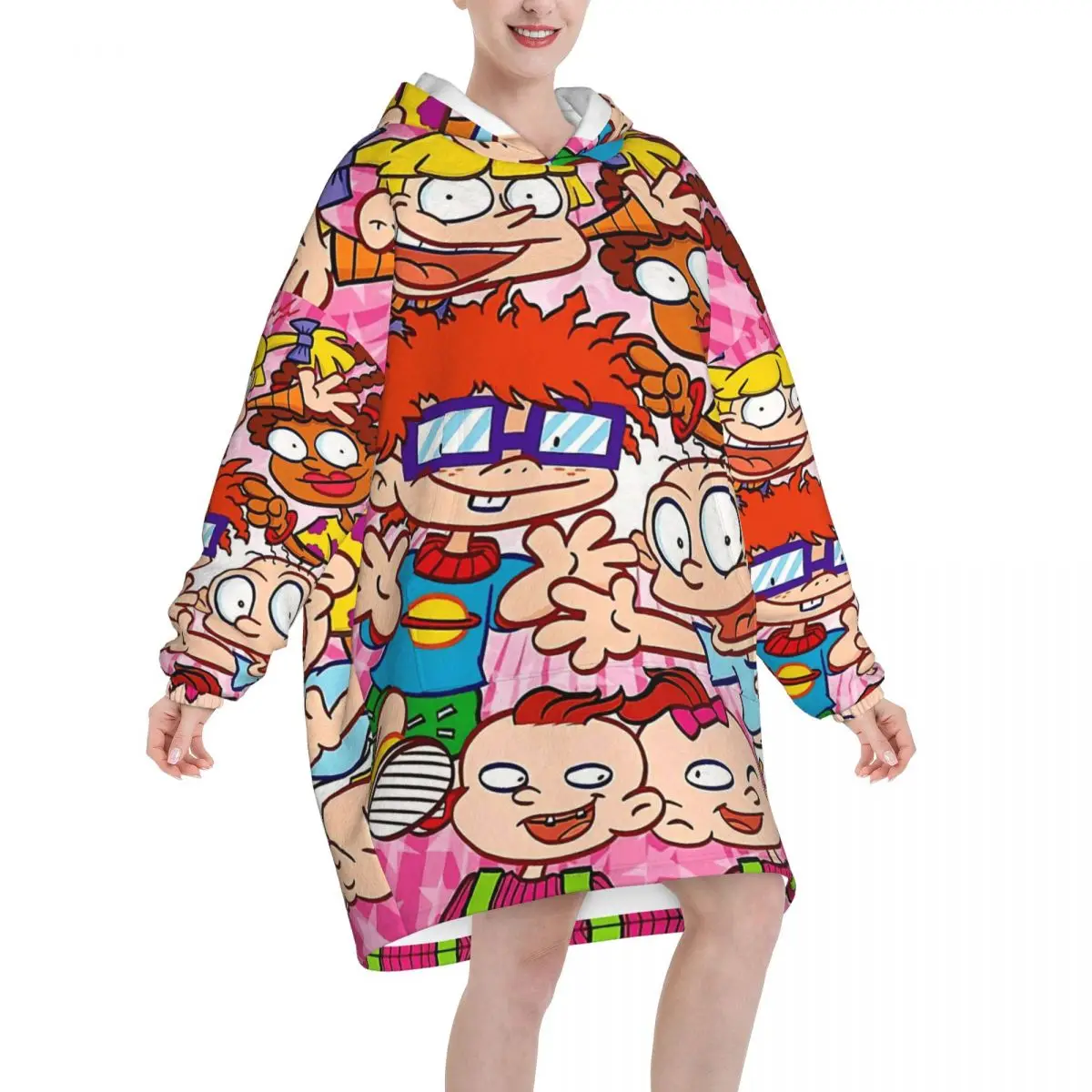 Cartoon R-Rugrats Blanket Hoodie Wearable Blanket Oversize with Pocket Warm Sleeping Bag Soft Cozy Onesie
