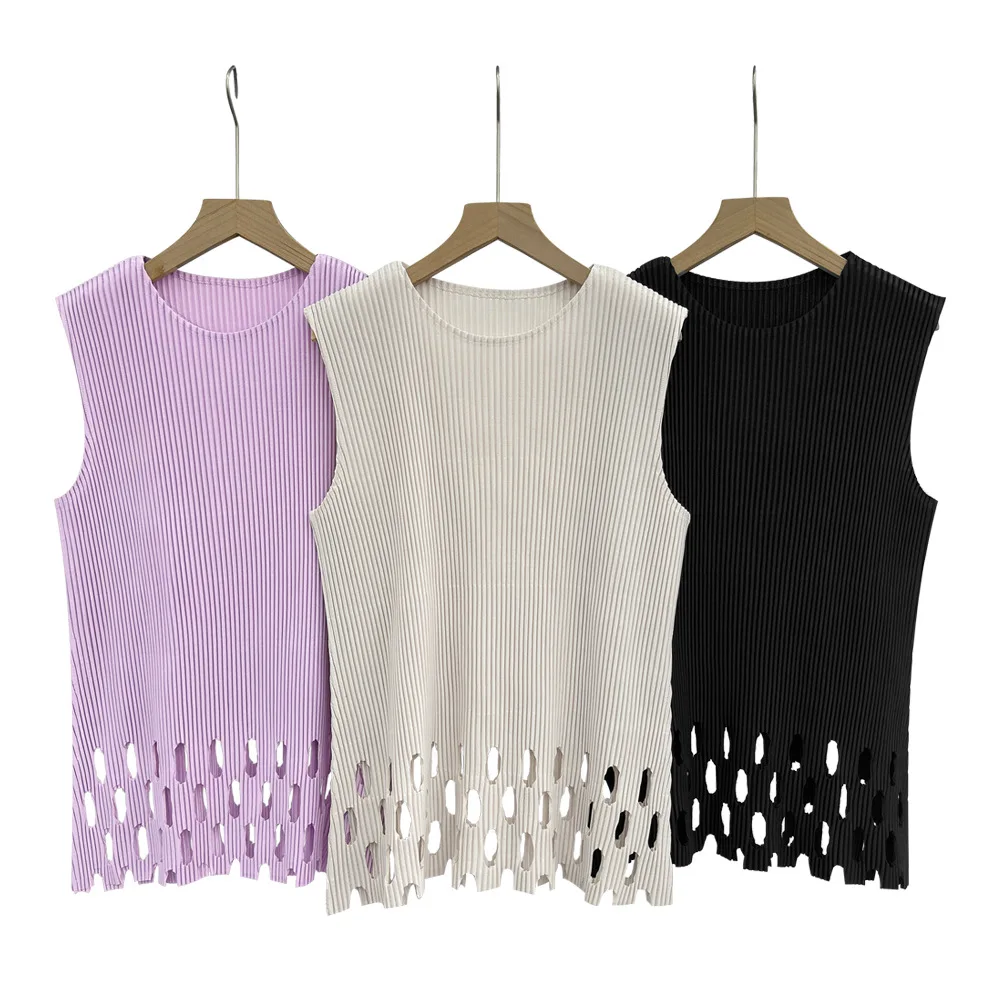Miyake Pleated Sleeveless T-Shirt 2026 High-End Draped Pleats Hollow Vest Summer Slim Fit Irregular Hem Elegant Inner Top Women