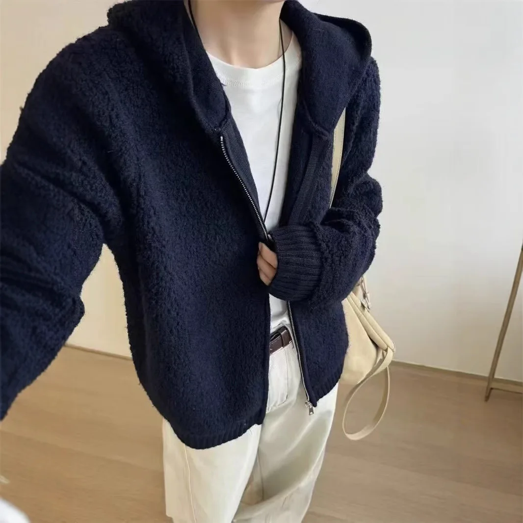 

Korean Version Soft Glutinous Lamb Wool Hooded Sweater Zipper Jacket Women's Spring New Lazy Style Knitted Sweatshirt Cardigan