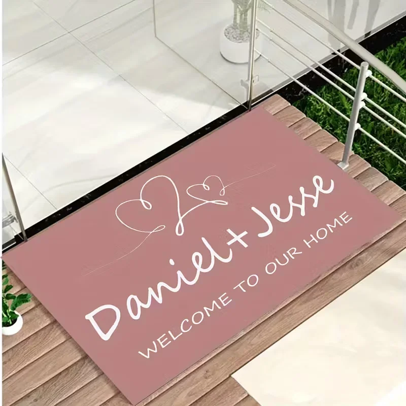 Black Personalized Mat with Hearts Non-Slip Entrance Rug for Couples Gift Wedding Housewarming Present Welcome To Our Home Mat