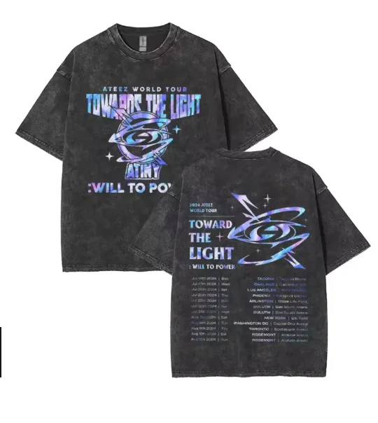 

Wash Color Retro Men and Women, Korean Kpop 2025 ATEEZ World Tour, Towards Bright Will Power T-shirt Short-sleeved Clothing