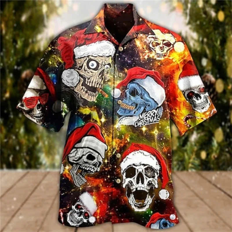 Skull Christmas 3d Caual Hawaiian Shirt Festival Party Men\'s Shirts Summer Fashion Short Sleeve Lapel Funny Male Tops 4XL