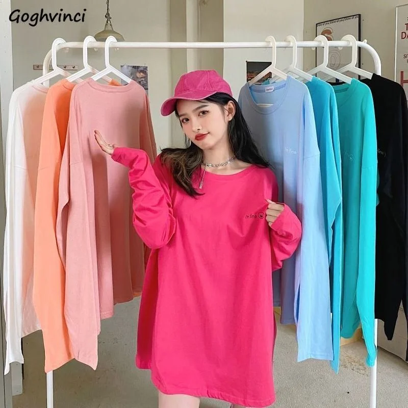 Women Candy Color T-shirts Letter Sweet Girls StreetWear Boyfriend Long Sleeve Tops Soft Slouchy Teenagers Tees Autumn All-match