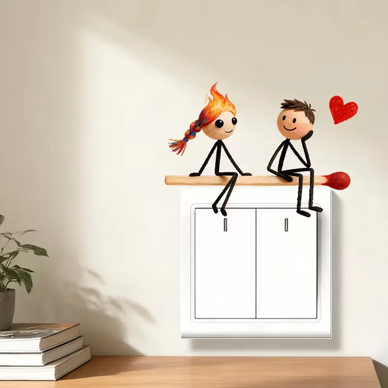 1pc， Two matchstick figures with deep affection, suitable for bathroom wall switch stickers. Self adhesive and easy to remove
