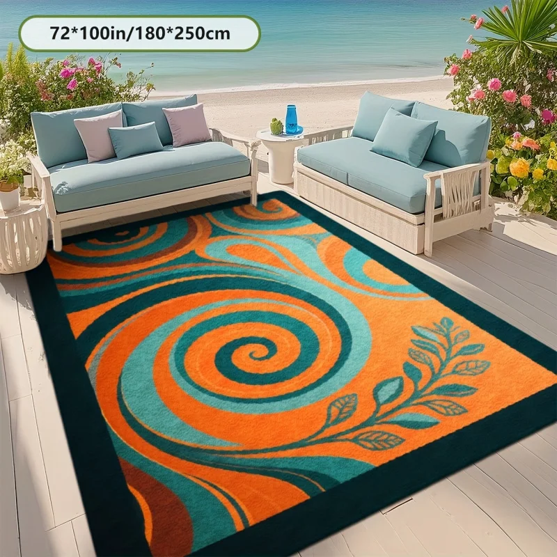 VIKAMA Orange Teal Swirl Print Outdoor Area Rug Waterproof Non Slip Carpet for Patio Balcony Deck Beach House Decor Mat
