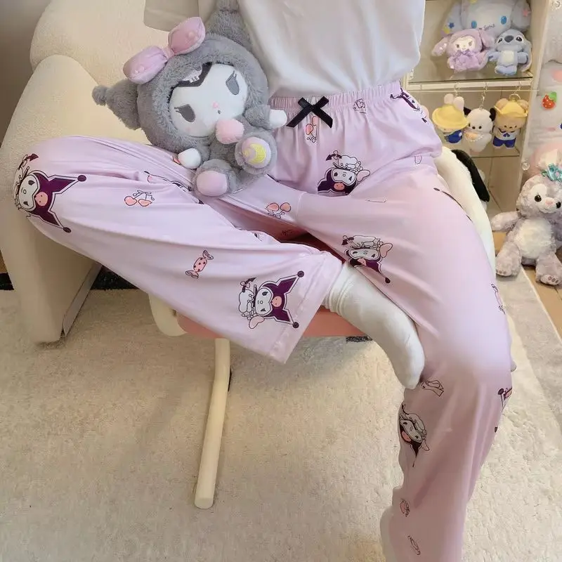 New Sanrio Pajama Pants Hello Kitty Kuromi Stellalou Lina Belle Women's Home Pants Casual  Ins Style Thin Sweet Cartoon Pajamas