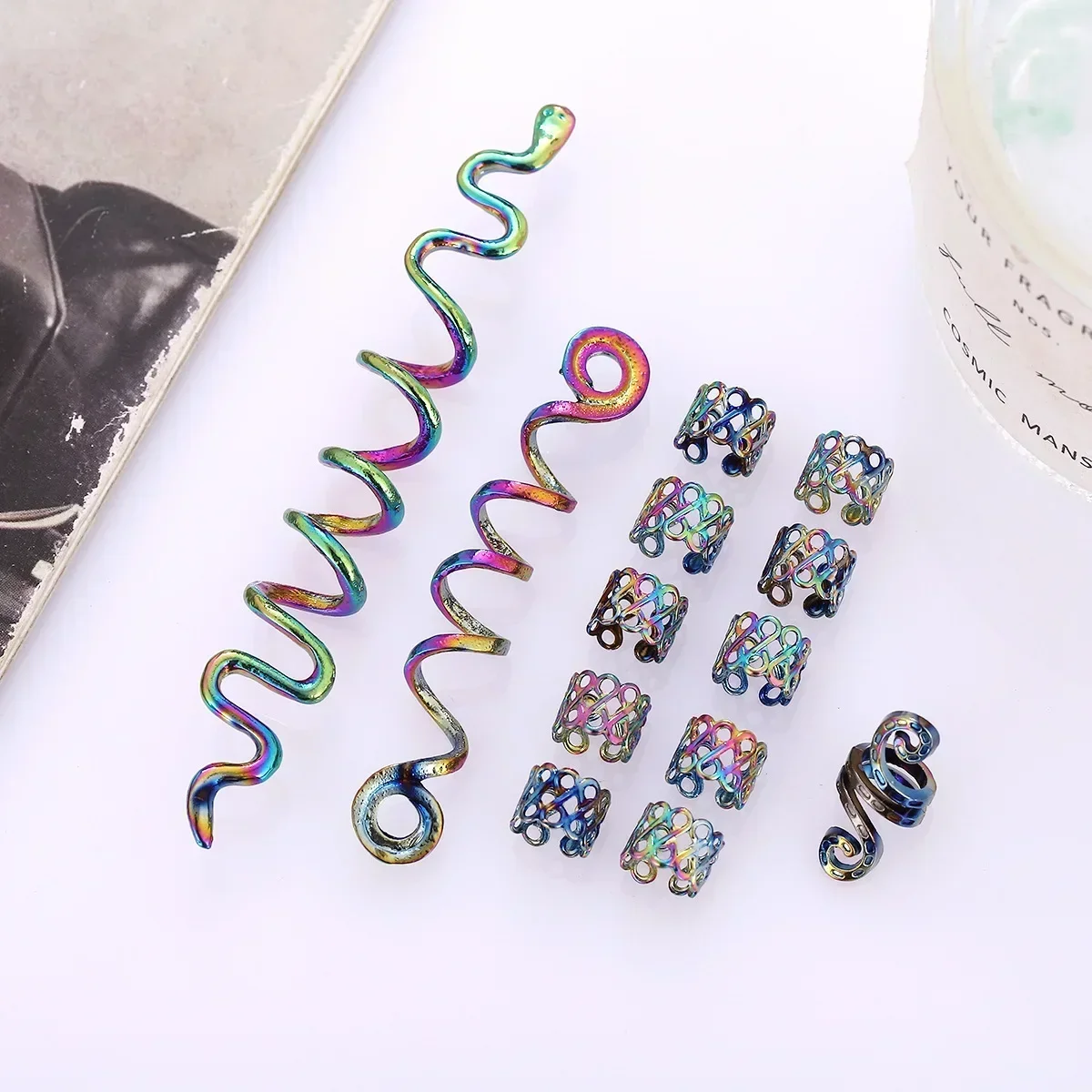 1/13pcs Metal Hair Rings Beads Cuffs Tube Charms Dreadlock Dread Hair Braid Colorful Snake Shape Jewelry Hair Accessories