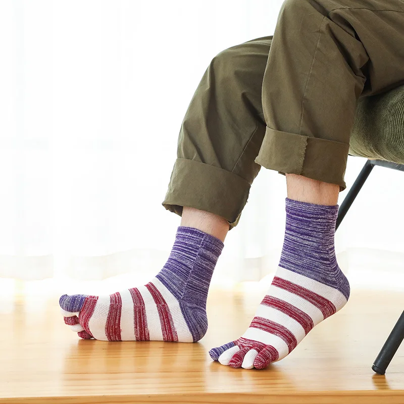 5 Đôi Tất Nam Harajuku Năm Ngón Tay CrewSocks Mans Bé Trai Retro Hàn Quốc Giữa Ống Lớn Sọc Cotton Dày Dặn Ấm Thường Ngày tất Có Ngón Chân