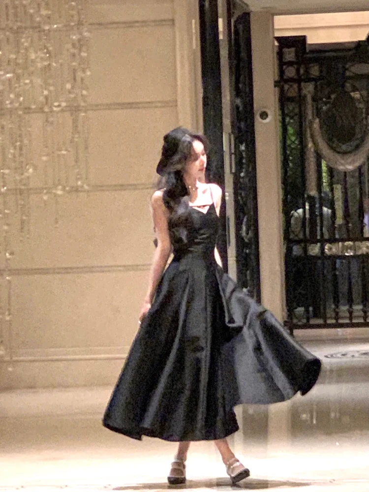 Vestidos largos de princesa negros elegantes para mujer, ropa coreana sin mangas, línea A, noche, boda, fiesta, Verano