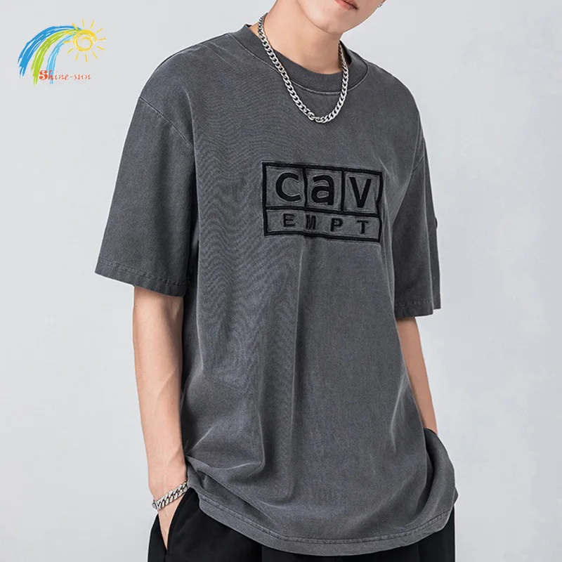 Men Women Couples Classic Box Logo Embroidery Cav Empt TShirt Streetwear Vintage Washed Batik Carbon Grey Dark Green CAVEMPT Tee