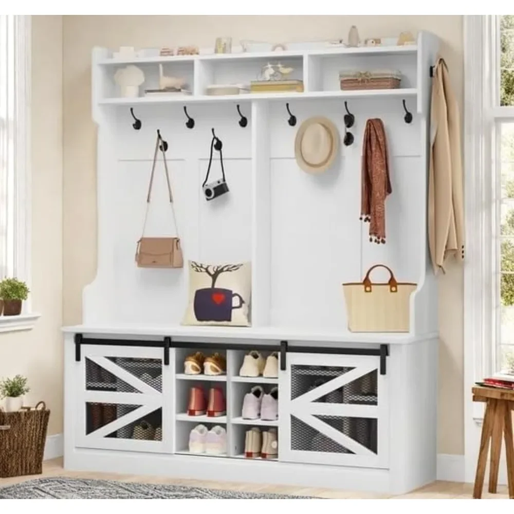 

Широкая дерево для прихожей 59 дюймов с местом для хранения обуви, скамейка для прихожей в фермерском доме с вешалкой для одежды, 16 кубиками для обуви с регулируемыми полками и 12 ков.