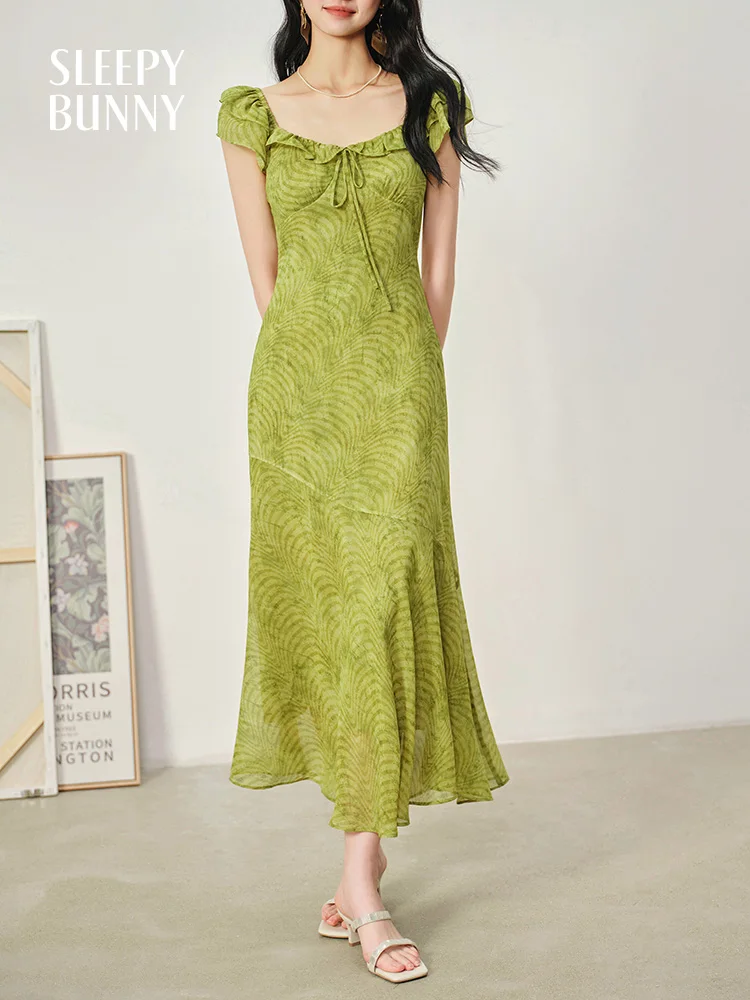Elegant Vintage Chiffon Dress for Women French Style Printed Summer Long Dress Slim A-line Flowy Gown for Daily or Holiday Look