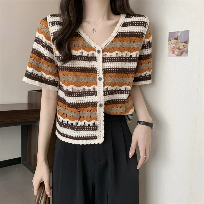 

Women Crochet Knit Top Short Sleeve V-Neck Button Up Embroidery Striped Blouse Cardigan Summer Outfit