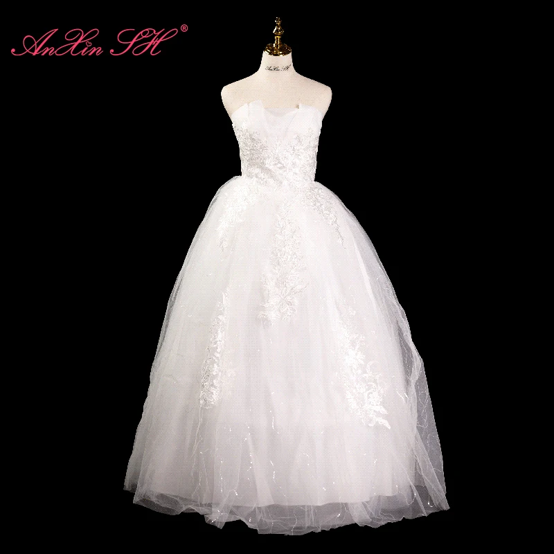 

AnXin SH princess white flower lace strapless sleeveless lace up vintage party ball gown ruffles simple bride wedding dress