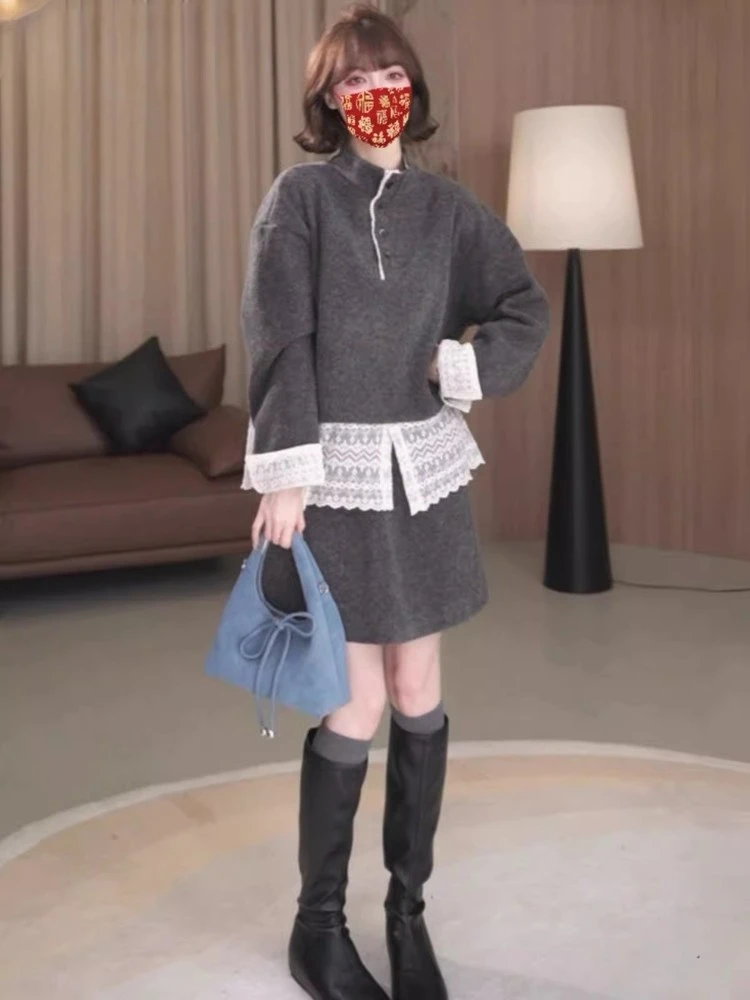 

Комплект из свитера и юбки из шерсти с кружевными вставками, зимний повседневный женский костюм-двойка в корейском стиле, ленивый шик...