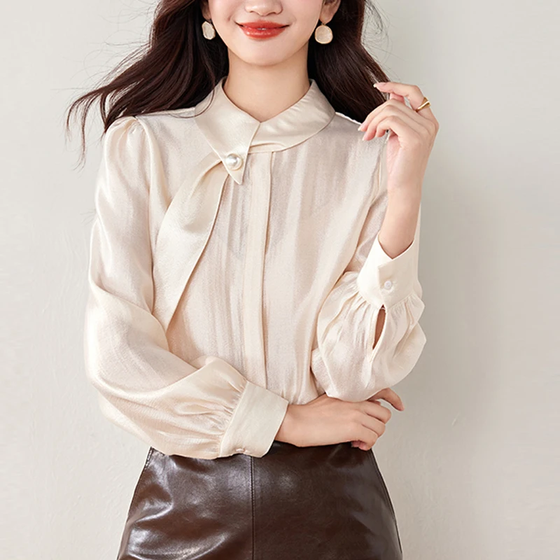 

Blusas Mujer De Moda 2025 Long Sleeve Satin Blouse Women Bow Collar Chiffon Blouse Shirt Tops Women Blouses Shirts Blusa Camisas