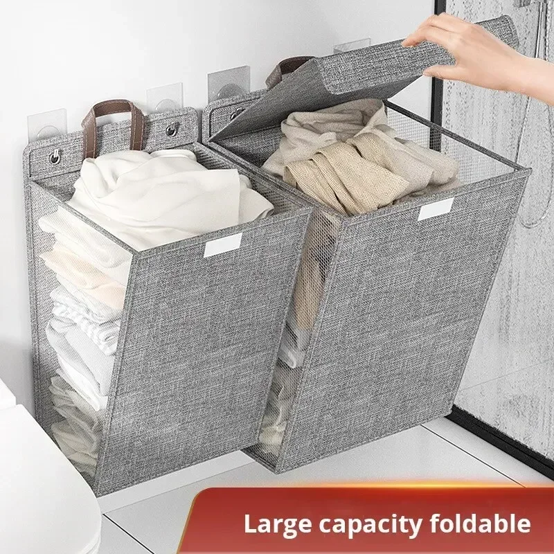 Hot 1pc Foldable Adhesive Laundry Basket Hamper, Multifunctional Punch Free Wall Hanging Washing Clothes Mesh Hook Organizer