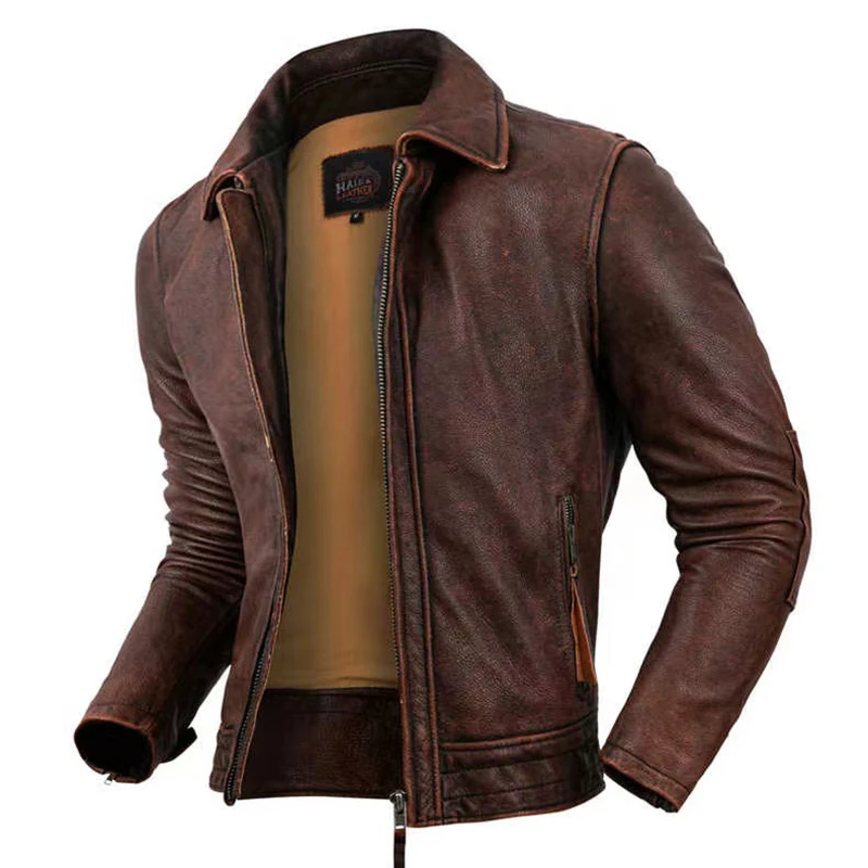 New Bomber Jacket 100% Top Layer Cowhide High Quality Retro Red Brown Lapel Motorcycle Tuxedo Men\'s Jacket