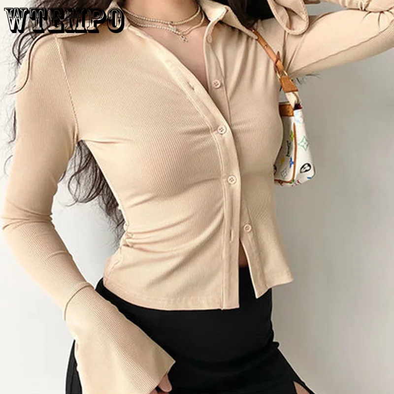 Flared-sleeve Shirt Polo Collar Lapel Five-color All-match Women\'s Slim Stretch Long-sleeved Top  Women Shirts Blouses