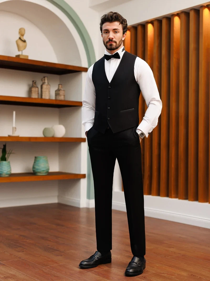 Handsome Black Slim-Fitting Tuxedo Suit for Men, Vest, Coat, Pants, Formal Occasions, Wedding, Cocktail, 3Pcs, 2024