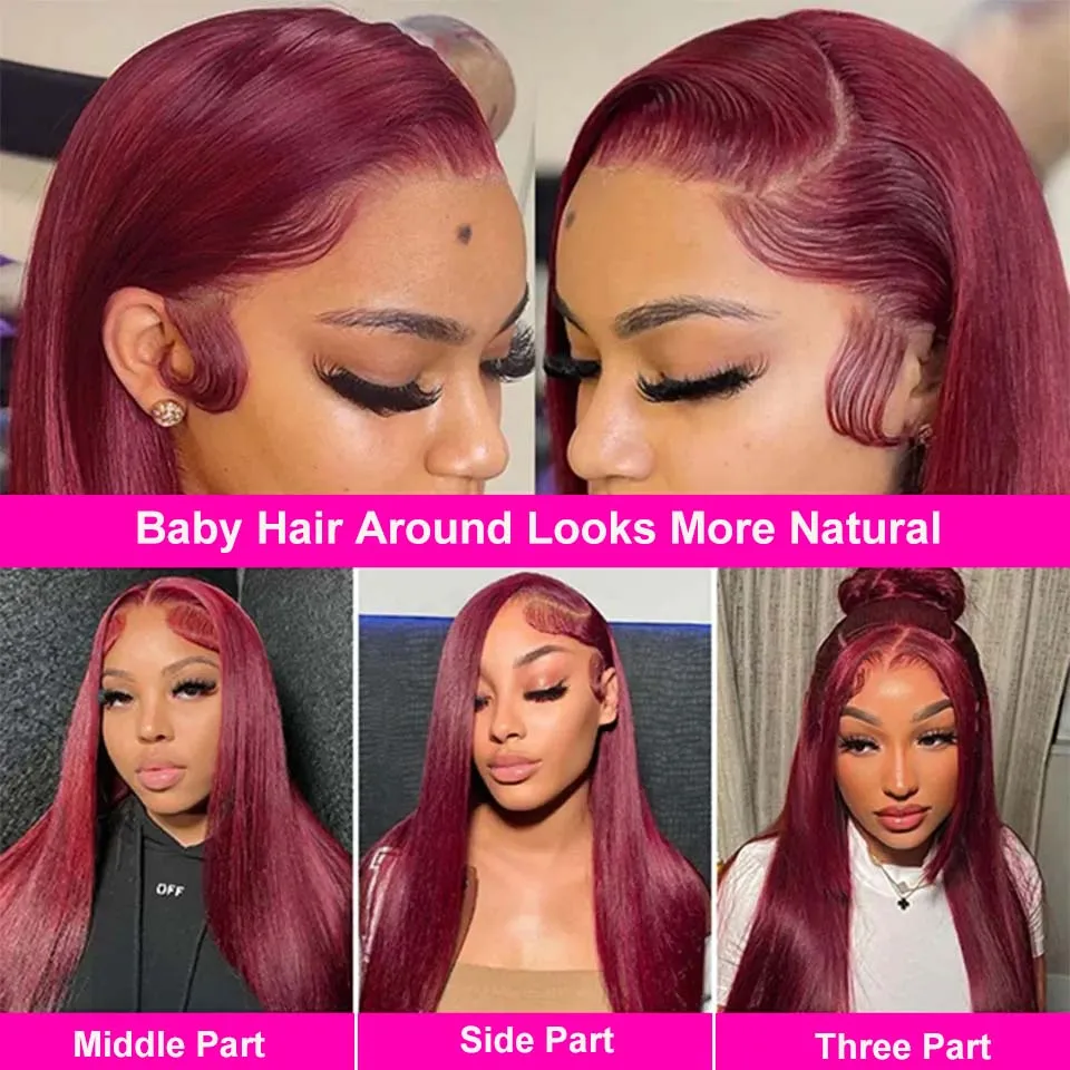 30 34Inch Burgundy 13x6 HD Lace Frontal Human Hair Wig Straight 13x4 Lace Front 99J Colored Human Hair Wigs For Women PrePlucked