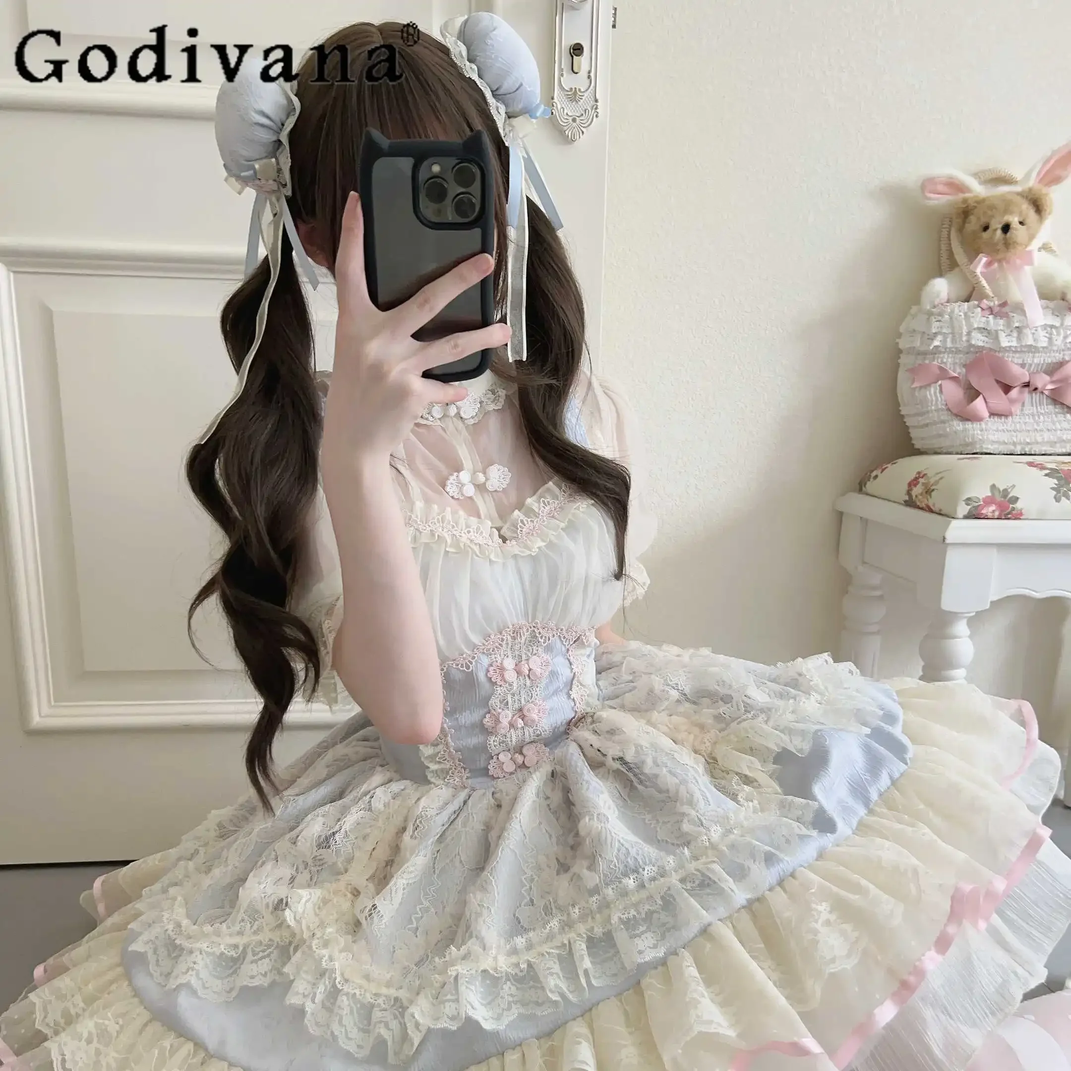 

Original Design Blue Lolita Suspender Dress Jsk Cute Sweet Soft Girl Bow Lace Short Princess Dress Women Short Sleeve Shirt Tops