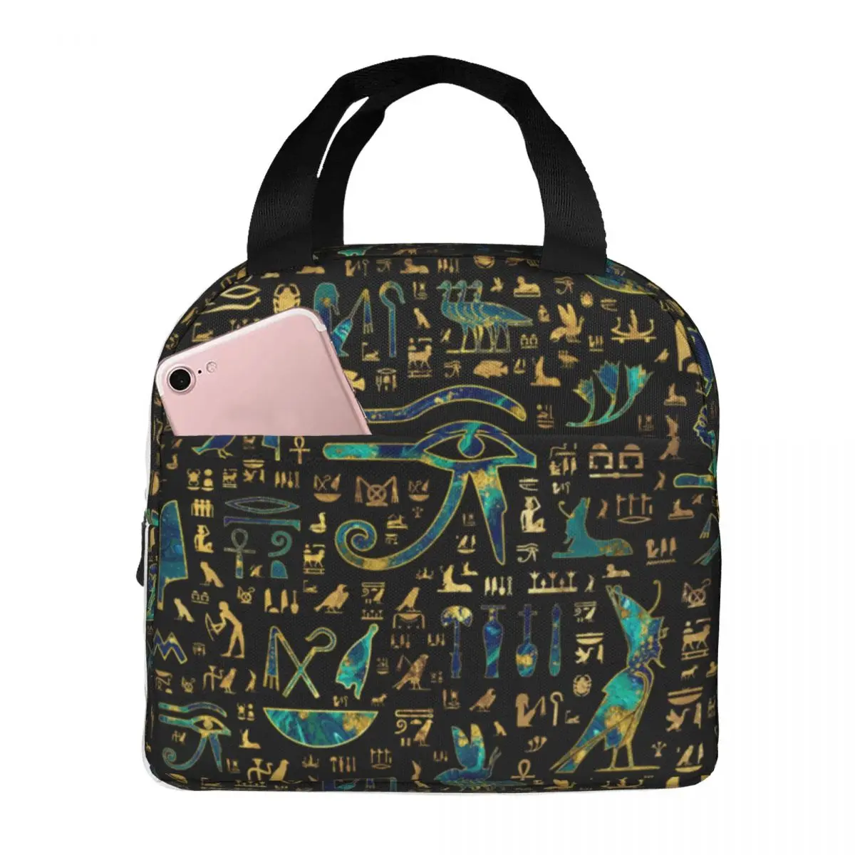 

Ancient Egyptian Hieroglyphics Lunch Bag Portable Insulated Canvas Cooler Egypt Pharaoh Thermal Picnic Tote for Women Girl