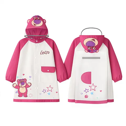 Kids Waterproof Hooded Raincoat Cute Strawberry Bear Loose Fit Toddlers Rain Poncho Outdoor School for Boys Girls Birthday Gifts