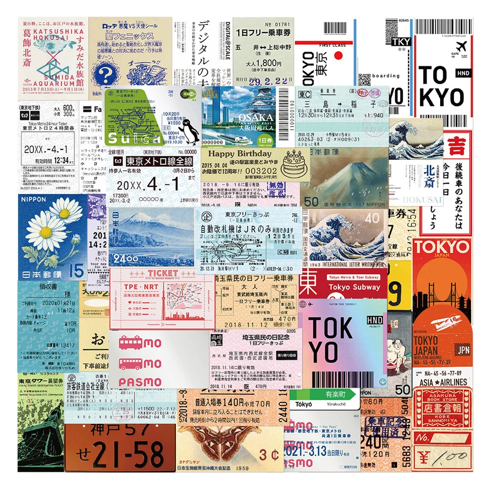 10/30/60Pcs Japanese Travel Ticket Stickers Aesthetics Art Sticker Skateboard Motorcycle Luggage Funny Cartoon Graffiti Decals