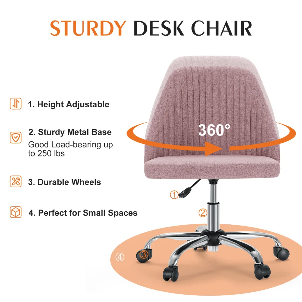 Armless Home Office  Desk Chair with Wheels Adjustable Swivel Task Computer Vanity Chair for Small Spaces
