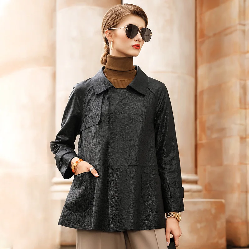 Soaked Sheepskin Leather Coat Women's Mid length Korean Loose Casual  Autumn New Genuine Leather Coat