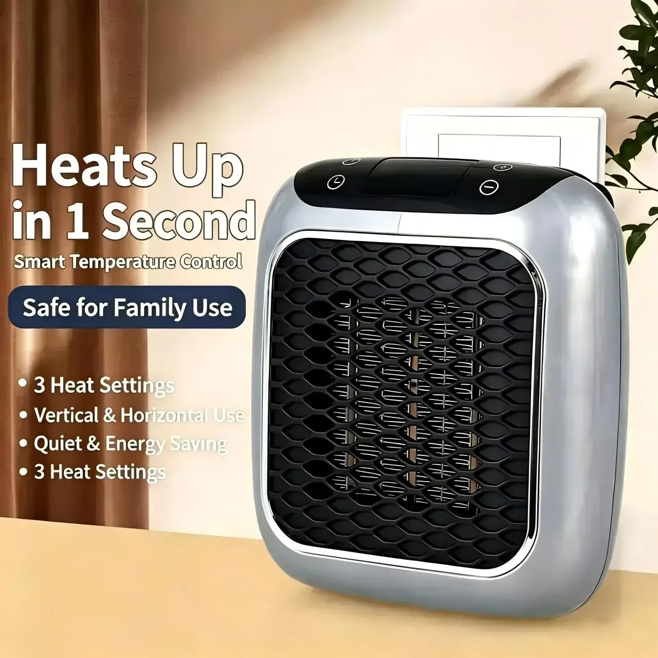 Portable Electric Heater Wall Outlet Small Space Heater with Adjustable Thermostat, Programmable 12-Hour Timer, Auto Shut Off