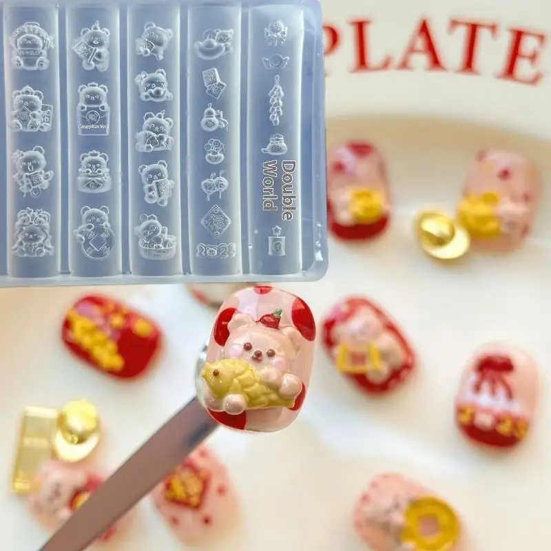 1 pz stampo per nail art in silicone cartone animato orso di capodanno modello per unghie trasparente fai da te 3D decorazione per nail art strumento di progettazione per manicure
