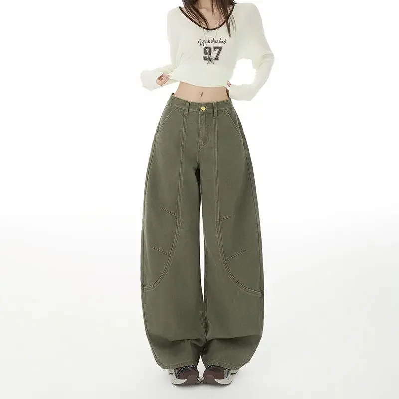 Calça jeans cargo solta feminina, vintage, azul, perna larga, machete, peso pesado, algodão lavado, casual, diária, streetwear