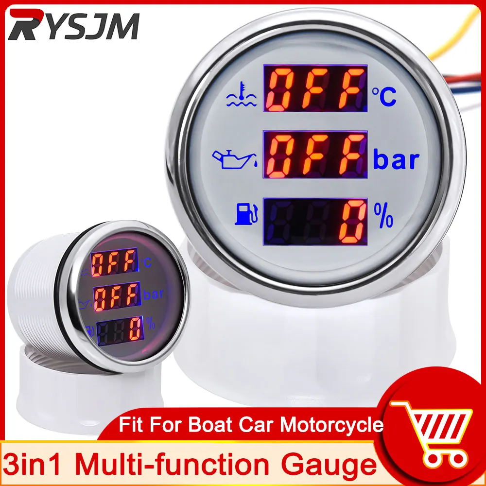 3 In 1 Multi-function Car Boat Fuel Level Gauge Water Temperature Gauge Oil Pressure Voltage with Alarm& Backlight Indicator