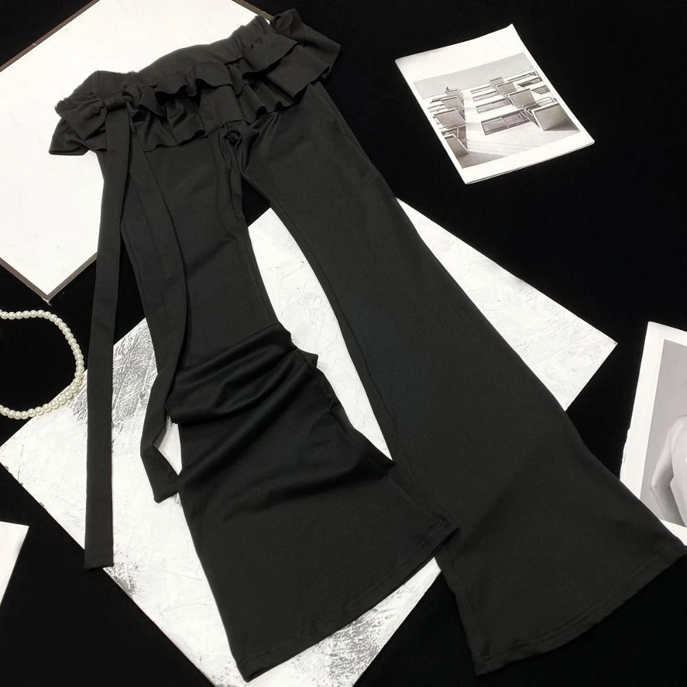 กระโปรงเอี๊ยมผ้าไหมน้ำแข็งสไตล์บัลเล่ต์ กางเกงทรงบาน Y2k เอวต่ำ กางเกงลำลองสำหรับผู้หญิง ทรงเข้ารูปเก๋ไก๋ กางเกงขากว้างระบาย ผู้หญิง