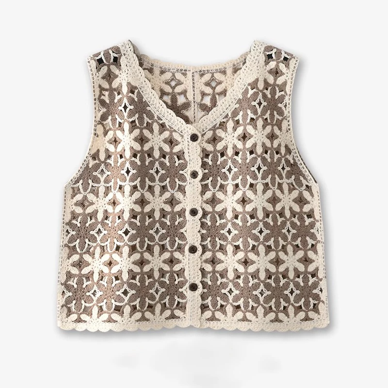 Bloemen gehaakt vest top voor dames pure open gebreide knoopsluiting mouwloos vest top tienermeisje zomer boho vakantie outfit