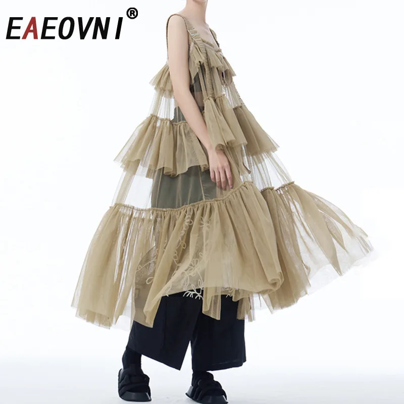 

EAEOVNI сетчатое лоскутное перспективное платье женская мода трапециевидной формы свободные летние повседневные платья на бретельках универсальная новая одежда 2025 г.