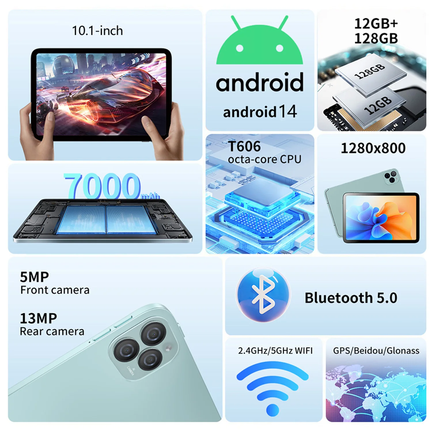 Tablets Android Novos de 10,1 Polegadas Octa-Core 12GB+128GB Rom Android 14 Google Play 4G LTE 5G Tablet com Chamada Telefônica WiFi Bluetooth 7000mAh