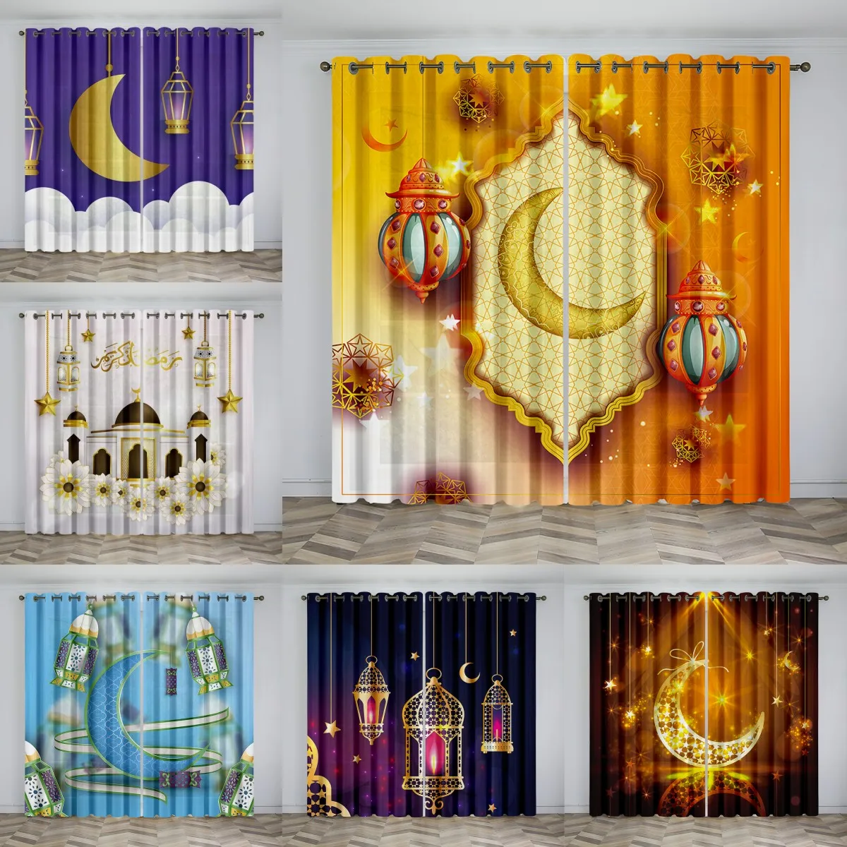 

Middle East Islamic Festival Curtains 2Pcs For Bedroom Living Room Window Ramadan Curtains Moon Lamp Muslim Mubarak Rod Pocket