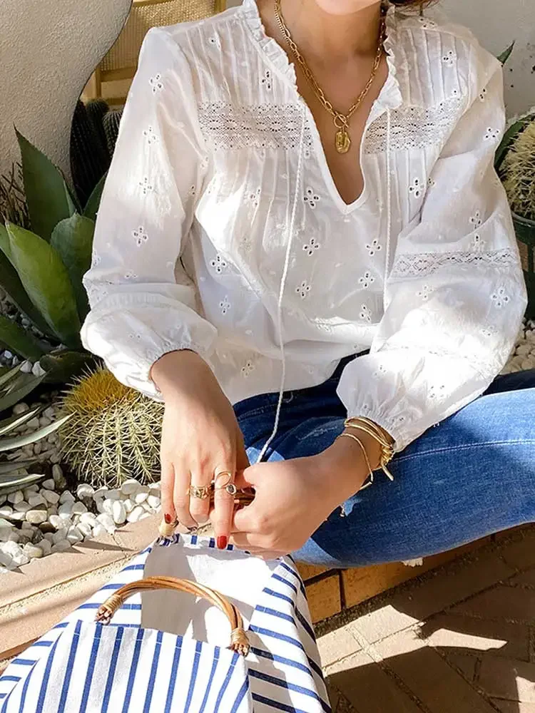 white blouse women long sleeve hollow out cotton spring summer tops new boho blouse V-neck tassel blouse shirt