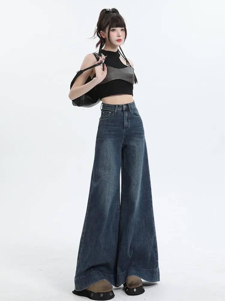 

High Waist Wide Leg Denim Jeans Women's Spring Autumn 2025 New Loose Small Size Straight Floor Length Skirt Pants Bell Bot