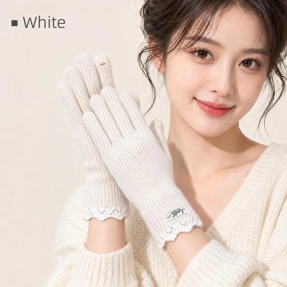Comfortable Lace Cuff Open Tip Touch Screen Gloves Warm Winter One Size Wool Blend Gloves Long Knitted Gloves Outdoor