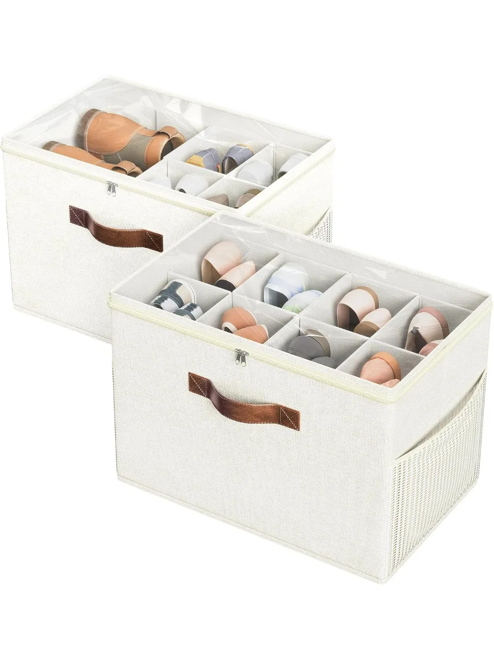 

Прозрачный складной органайзер для обуви из 2 штук с регулируемыми перегородками, подходит для 16 пар, усиленные ручки, бежевый