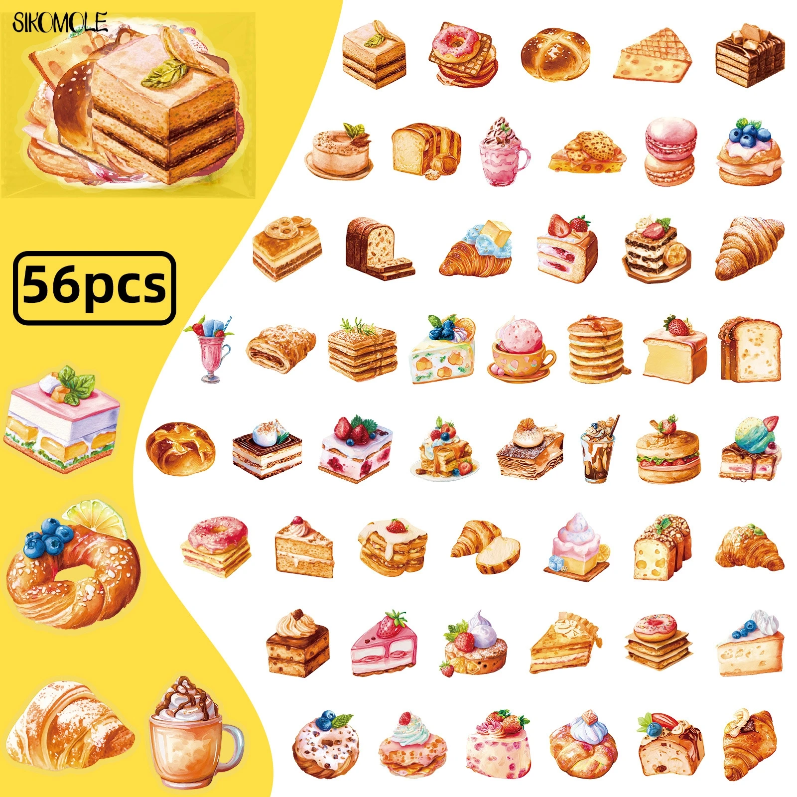 

56pcs Transparent Cartoon Cake Dessert Stickers Pack Waterproof PET Bookkeeping Material Decorative Notebook Graffiti Sticker