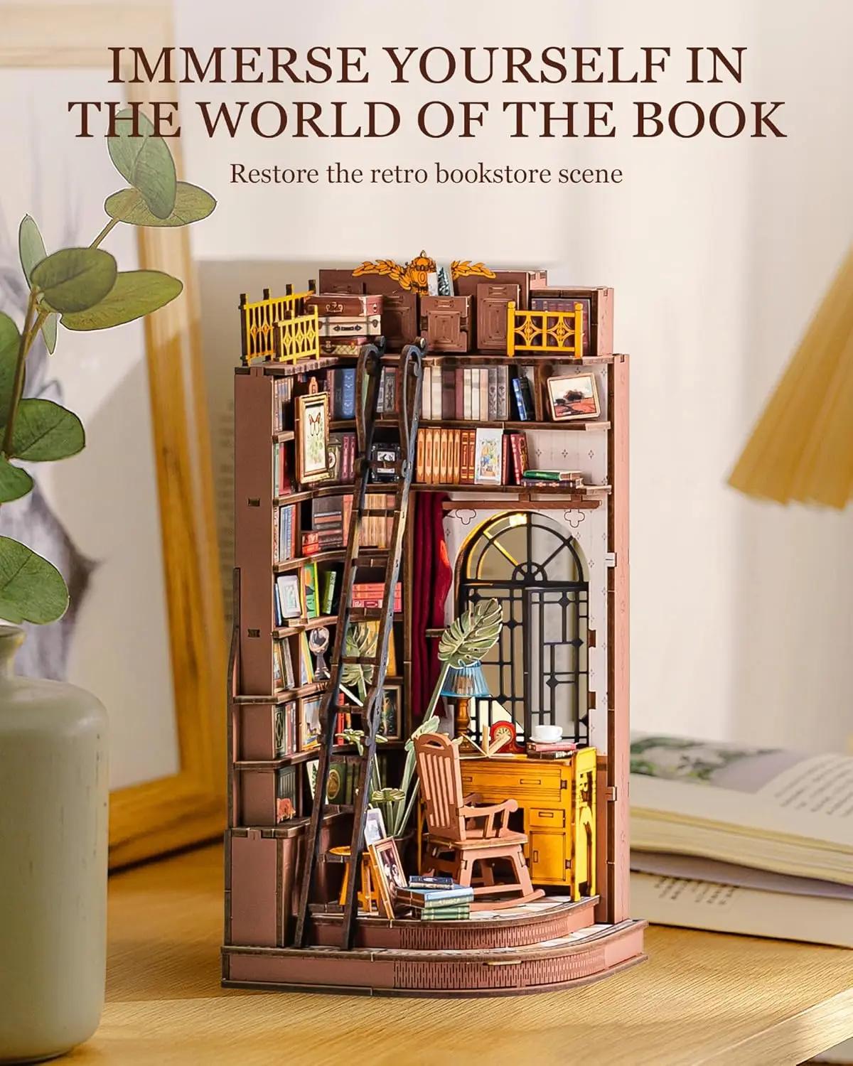Robotime Rolife, estudio de esquina silencioso, bricolaje, rincón de libros, estante de inserción, casa de muñecas en miniatura de madera para estantería, muebles de inserción TGE02