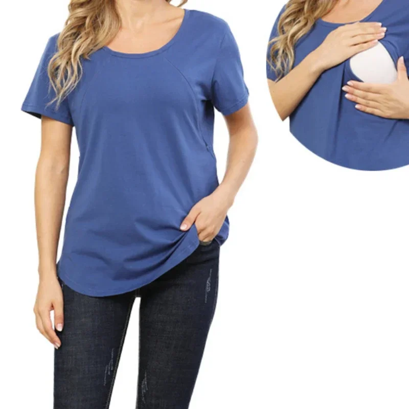 Womens Pregnant Maternity Clothes Nursing Tops Breastfeeding T-shirt Pregnancy Maternity Tops Tees Soild Colour Summer Shirt