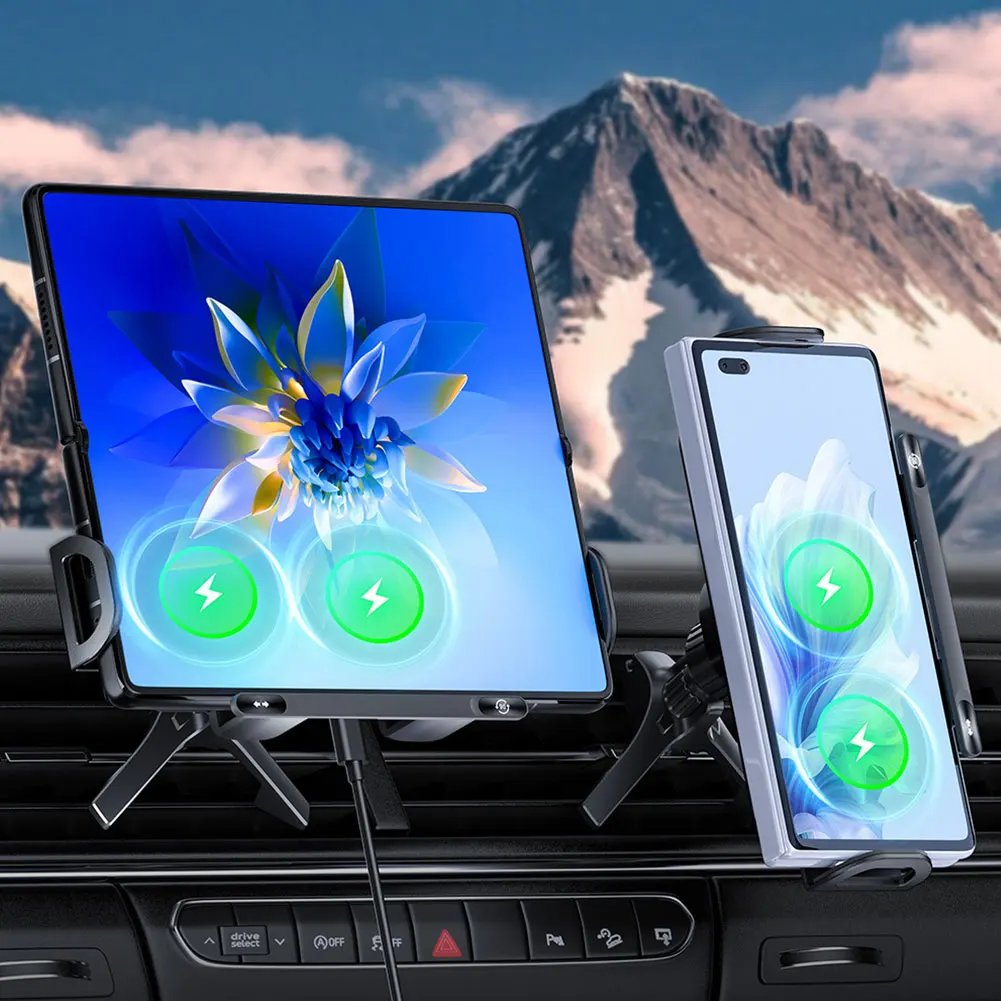 Soporte Universal para teléfono de coche, cargador inalámbrico de doble bobina, soporte plegable para teléfono, carga rápida para Samsung, iPhone, Xiaomi, Z Fold