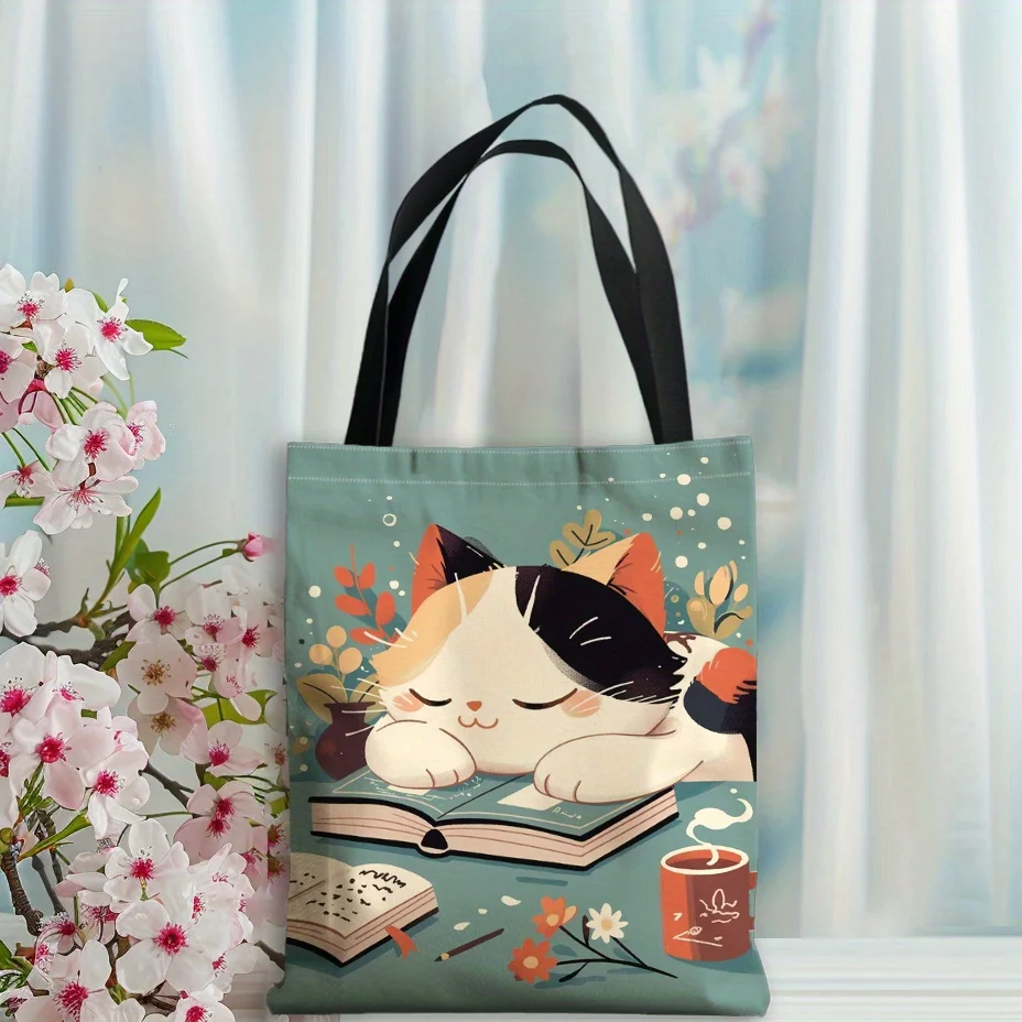 1 Pc Sleeping Cat Tote Bag Stylish Polyester Shopping Bag With Cute Orange And White Cat Illustration Cat Lover Gifts